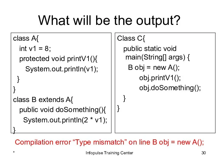What will be the output? class A{ int v1 = 8;