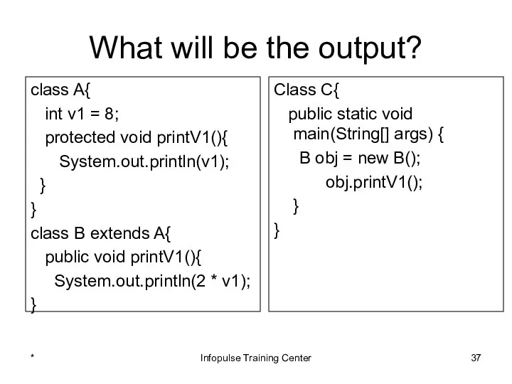 What will be the output? class A{ int v1 = 8;