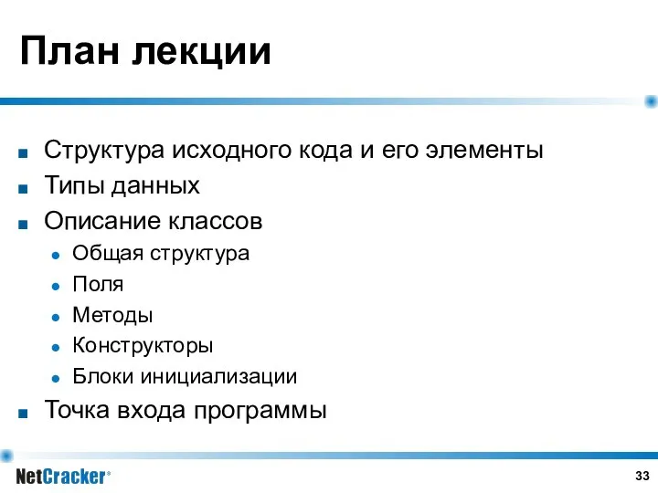 План лекции Структура исходного кода и его элементы Типы данных Описание