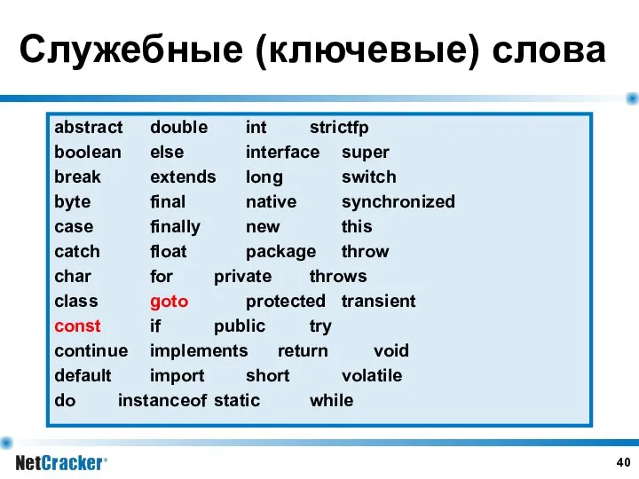 Служебные (ключевые) слова abstract double int strictfp boolean else interface super