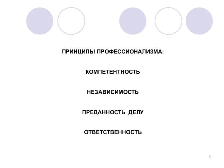 ПРИНЦИПЫ ПРОФЕССИОНАЛИЗМА: КОМПЕТЕНТНОСТЬ НЕЗАВИСИМОСТЬ ПРЕДАННОСТЬ ДЕЛУ ОТВЕТСТВЕННОСТЬ