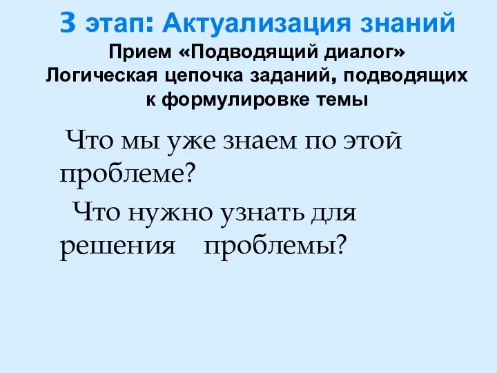 3 этап: Актуализация знаний Прием «Подводящий диалог» Логическая цепочка заданий, подводящих