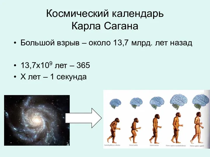 Космический календарь Карла Сагана Большой взрыв – около 13,7 млрд. лет