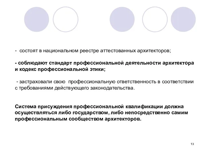 - состоят в национальном реестре аттестованных архитекторов; - соблюдают стандарт профессиональной