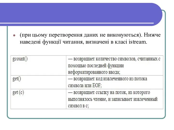 (при цьому перетворення даних не виконуються). Нижче наведені функції читання, визначені в класі istream.