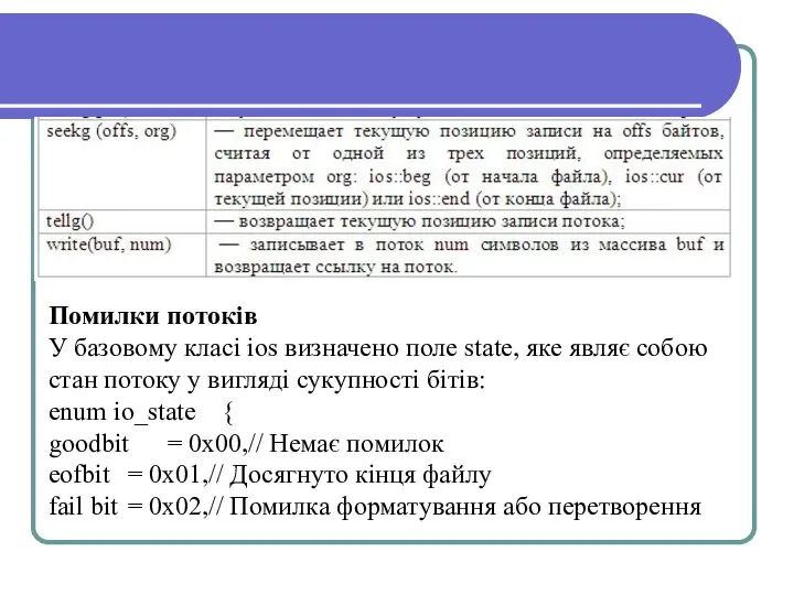 Помилки потоків У базовому класі ios визначено поле state, яке являє