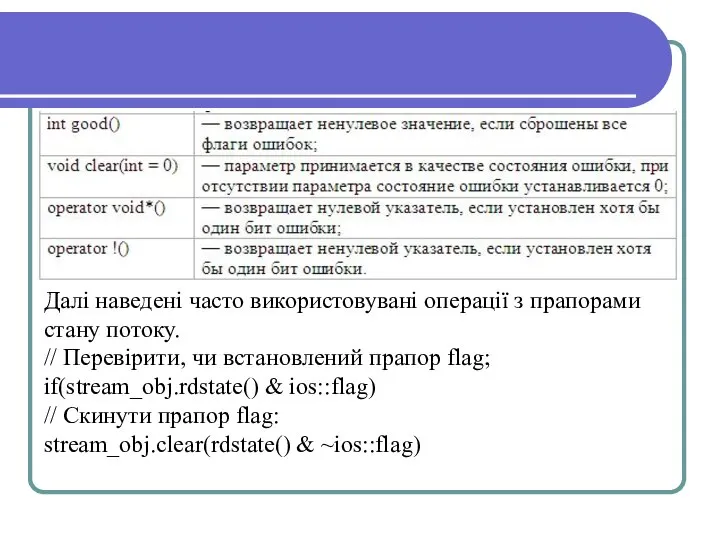 Далі наведені часто використовувані операції з прапорами стану потоку. // Перевірити,