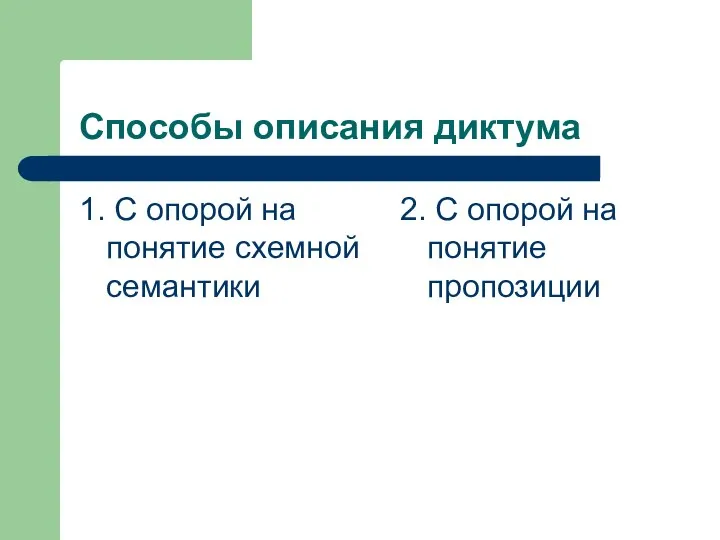 Способы описания диктума 1. С опорой на понятие схемной семантики 2. С опорой на понятие пропозиции