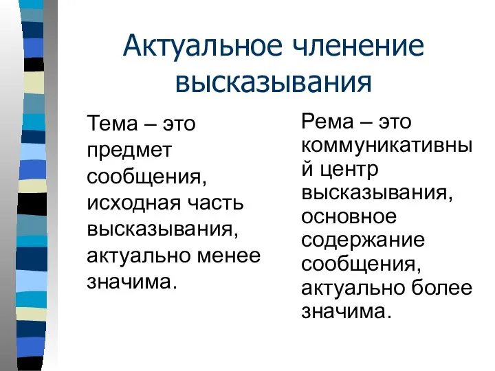 Актуальное членение высказывания Тема – это предмет сообщения, исходная часть высказывания,