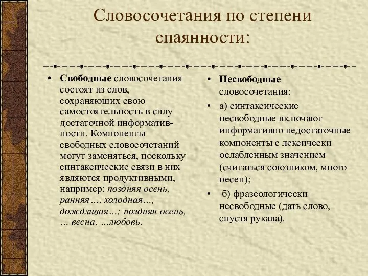 Словосочетания по степени спаянности: Свободные словосочетания состоят из слов, сохраняющих свою