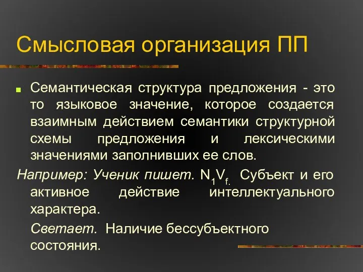 Смысловая организация ПП Семантическая структура предложения - это то языковое значение,