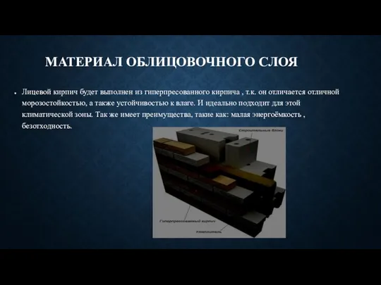 МАТЕРИАЛ ОБЛИЦОВОЧНОГО СЛОЯ Лицевой кирпич будет выполнен из гиперпресованного кирпича ,