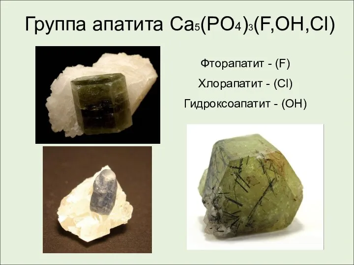 Группа апатита Ca5(PO4)3(F,OH,Cl) Фторапатит - (F) Хлорапатит - (Cl) Гидроксоапатит - (OH)