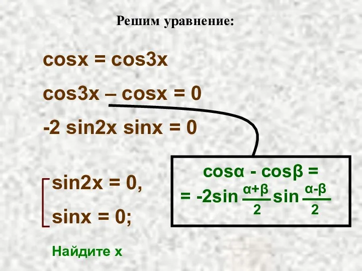 Решим уравнение: cosx = cos3x cos3x – cosx = 0 -2