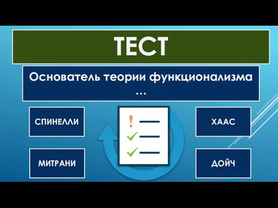 Основатель теории функционализма … СПИНЕЛЛИ ХААС МИТРАНИ ДОЙЧ ТЕСТ