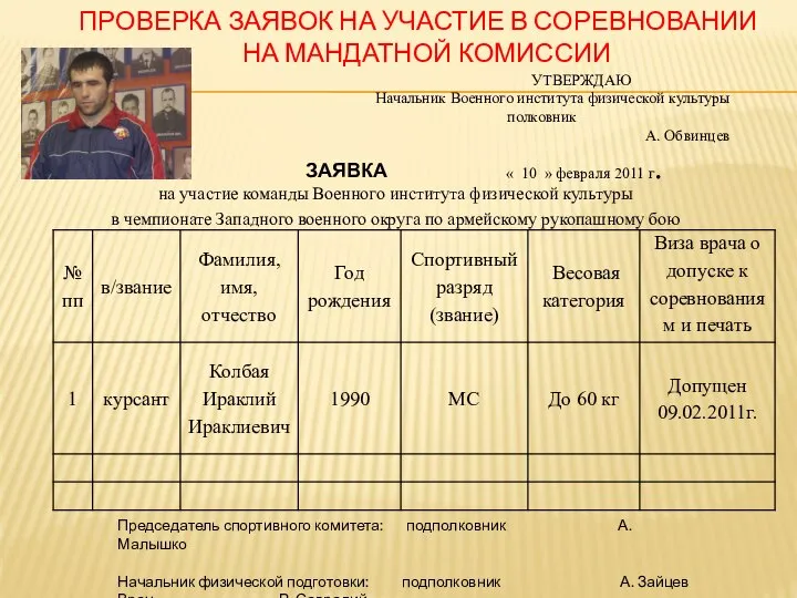 ПРОВЕРКА ЗАЯВОК НА УЧАСТИЕ В СОРЕВНОВАНИИ НА МАНДАТНОЙ КОМИССИИ УТВЕРЖДАЮ Начальник