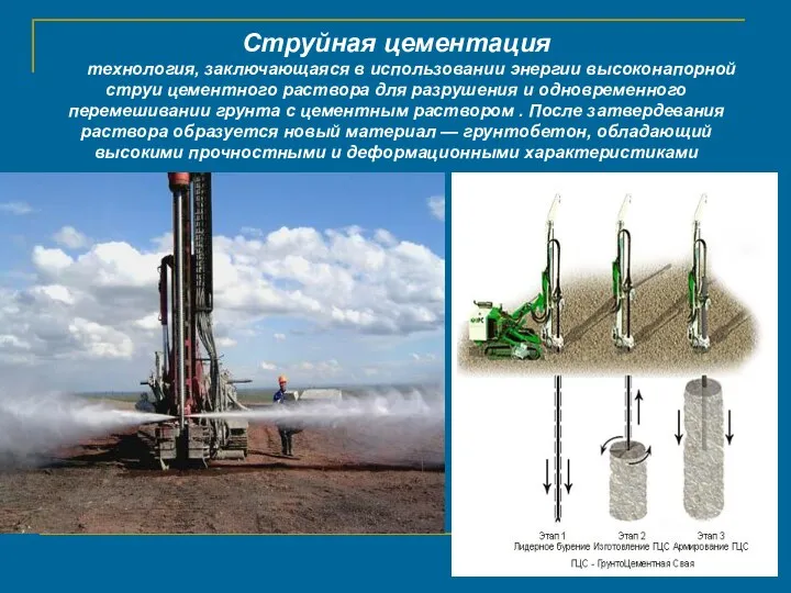 Cтруйная цементация технология, заключающаяся в использовании энергии высоконапорной струи цементного раствора