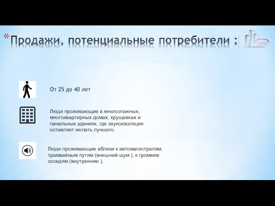 От 25 до 40 лет Люди проживающие в многоэтажных, многоквартирных домах,