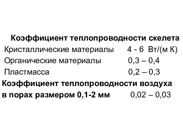 Коэффициент теплопроводности скелета Кристаллические материалы 4 - 6 Вт/(м К) Органические