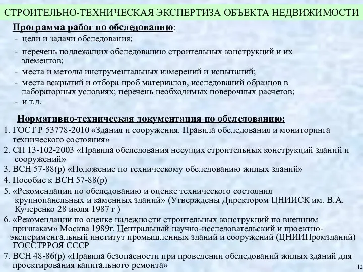 Программа работ по обследованию: - цели и задачи обследования; - перечень