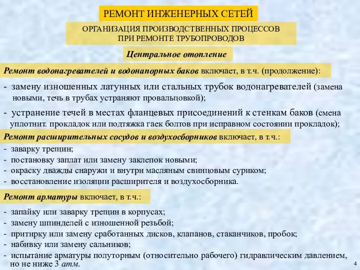 РЕМОНТ ИНЖЕНЕРНЫХ СЕТЕЙ ОРГАНИЗАЦИЯ ПРОИЗВОДСТВЕННЫХ ПРОЦЕССОВ ПРИ РЕМОНТЕ ТРУБОПРОВОДОВ Центральное отопление