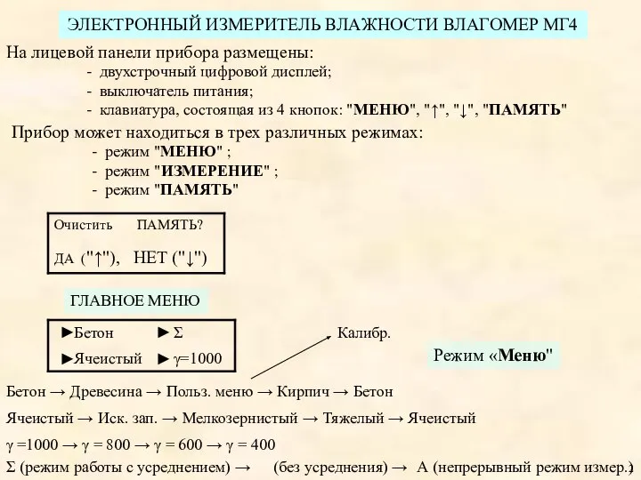 2 ГЛАВНОЕ МЕНЮ ЭЛЕКТРОННЫЙ ИЗМЕРИТЕЛЬ ВЛАЖНОСТИ ВЛАГОМЕР МГ4 На лицевой панели