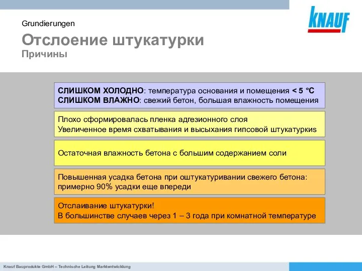 Отслоение штукатурки Причины Grundierungen СЛИШКОМ ХОЛОДНО: температура основания и помещения СЛИШКОМ