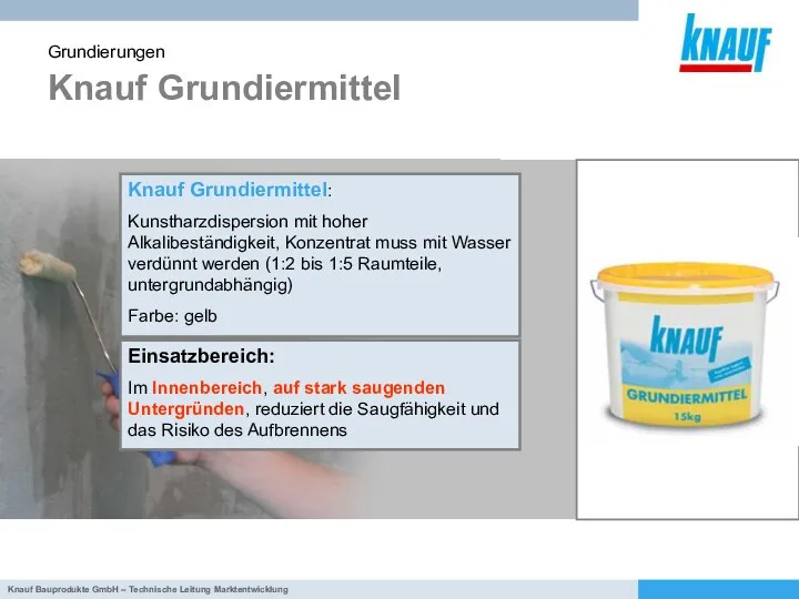 Knauf Grundiermittel Grundierungen Knauf Grundiermittel: Kunstharzdispersion mit hoher Alkalibeständigkeit, Konzentrat muss