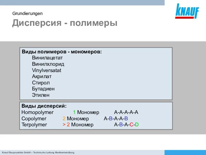 Дисперсия - полимеры Grundierungen Виды полимеров - мономеров: Винилацетат Винилхлорид Vinylversatat