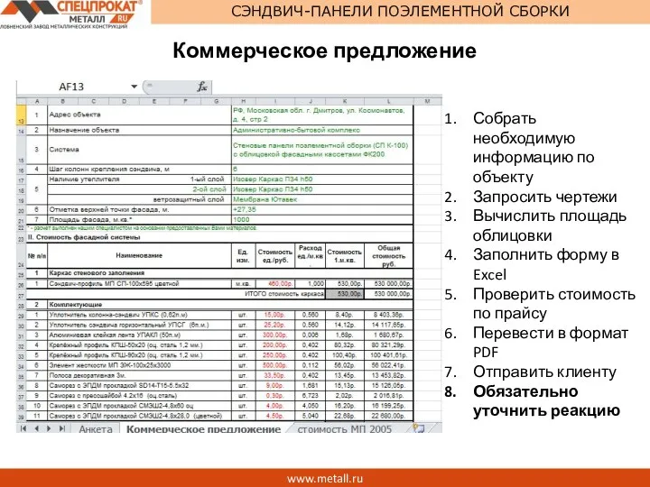 www.metall.ru СЭНДВИЧ-ПАНЕЛИ ПОЭЛЕМЕНТНОЙ СБОРКИ Коммерческое предложение Собрать необходимую информацию по объекту