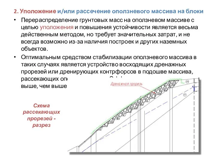 2. Уположение и/или рассечение оползневого массива на блоки Перераспределение грунтовых масс