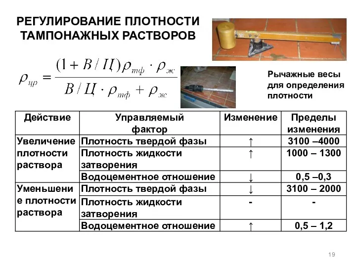 РЕГУЛИРОВАНИЕ ПЛОТНОСТИ ТАМПОНАЖНЫХ РАСТВОРОВ Рычажные весы для определения плотности