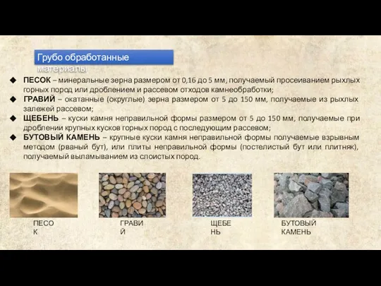 Грубо обработанные материалы ПЕСОК – минеральные зерна размером от 0,16 до