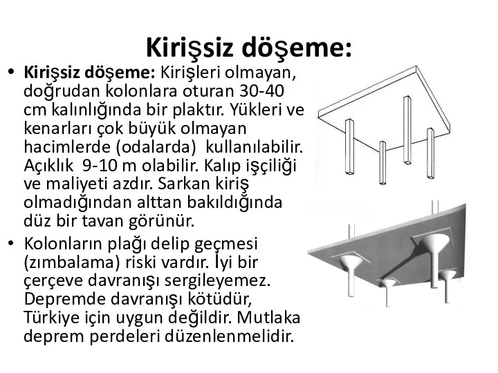 Kirişsiz döşeme: Kirişsiz döşeme: Kirişleri olmayan, doğrudan kolonlara oturan 30-40 cm