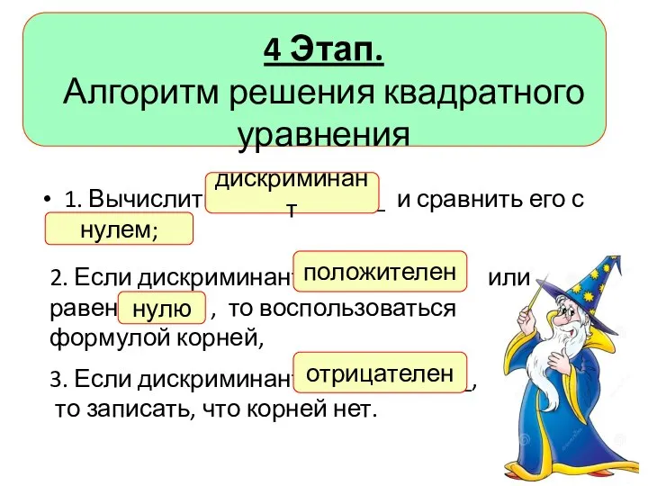 4 Этап. Алгоритм решения квадратного уравнения 1. Вычислить _____________ и сравнить