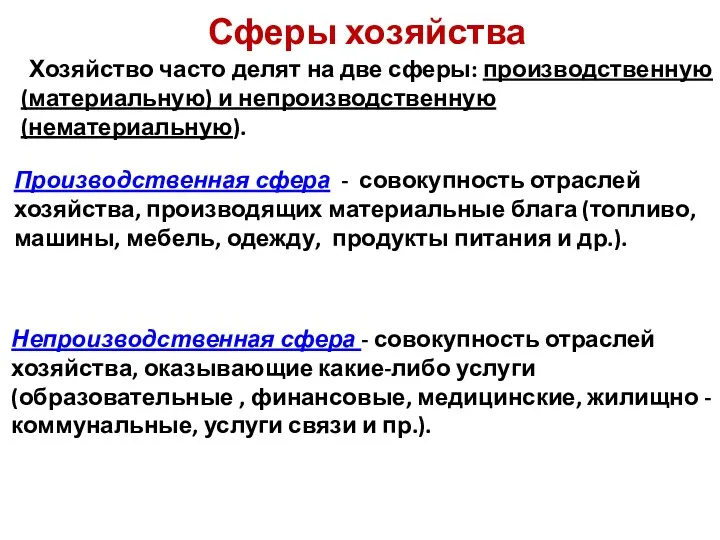 Сферы хозяйства Хозяйство часто делят на две сферы: производственную (материальную) и