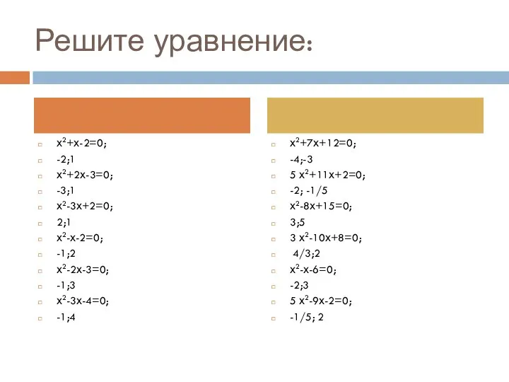 Решите уравнение: х2+х-2=0; -2;1 х2+2х-3=0; -3;1 х2-3х+2=0; 2;1 х2-х-2=0; -1;2 х2-2х-3=0;