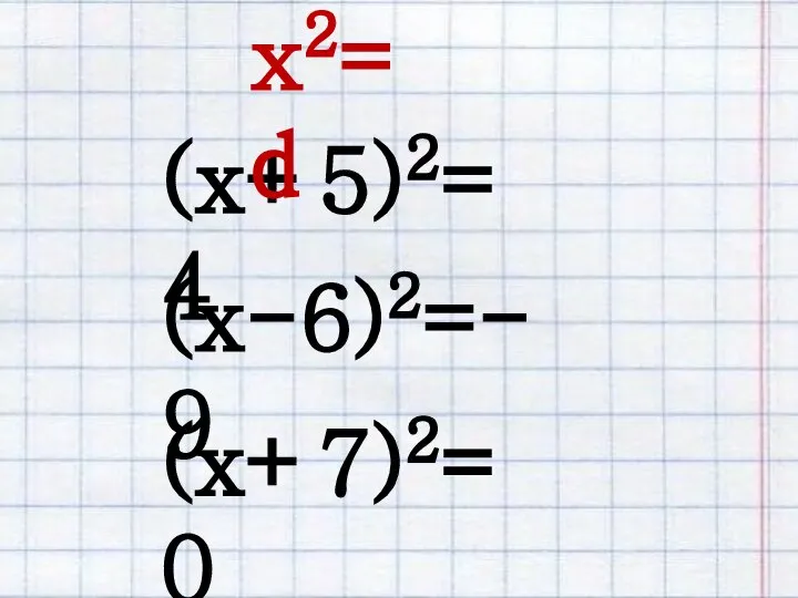 (х+5)2=4 (х-6)2=-9 (х+7)2=0 x2=d