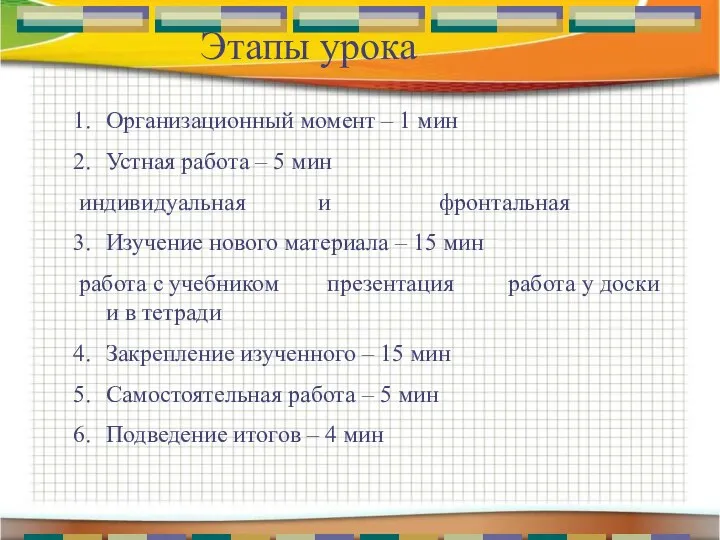 Этапы урока Организационный момент – 1 мин Устная работа – 5