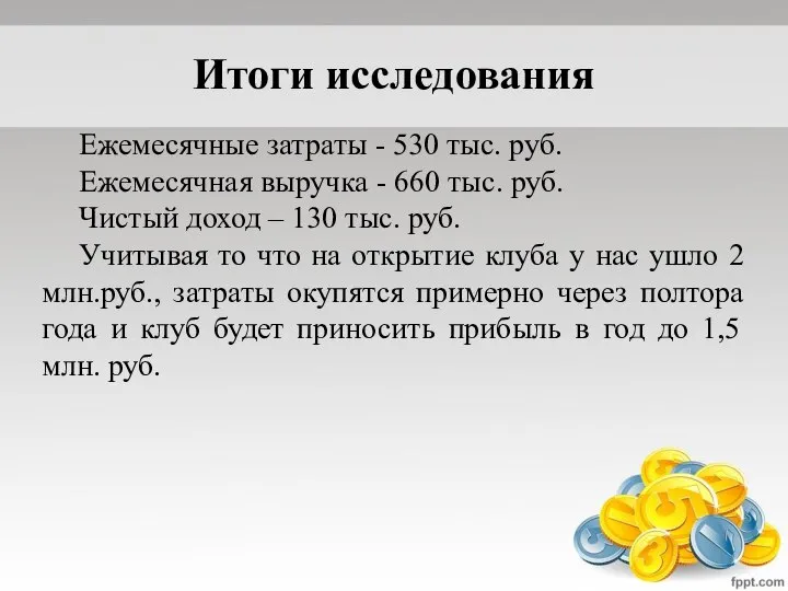 Итоги исследования Ежемесячные затраты - 530 тыс. руб. Ежемесячная выручка -