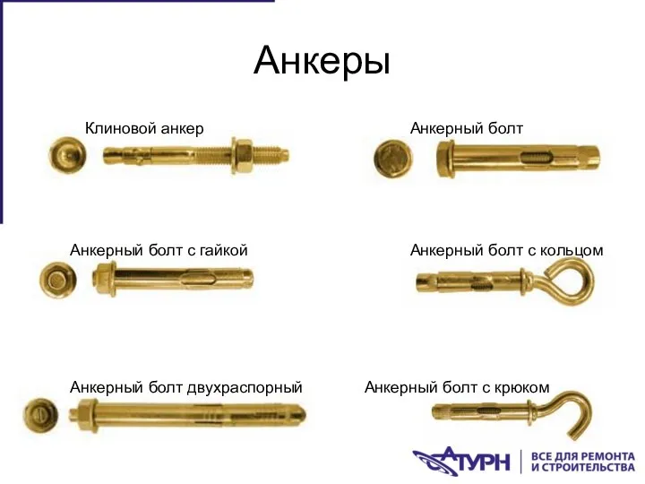 Анкеры Клиновой анкер Анкерный болт с гайкой Анкерный болт с кольцом