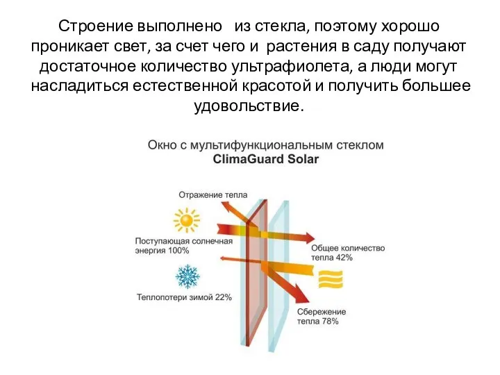 Строение выполнено из стекла, поэтому хорошо проникает свет, за счет чего