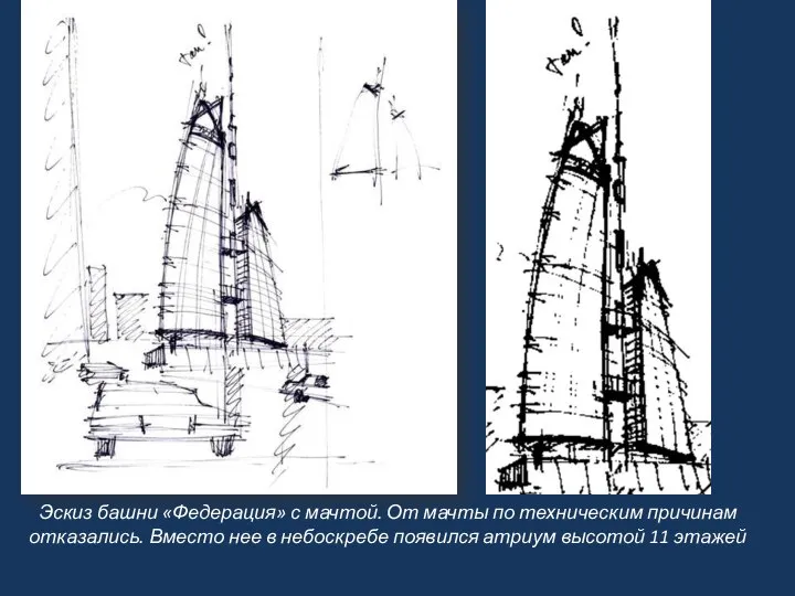 Эскиз башни «Федерация» с мачтой. От мачты по техническим причинам отказались.