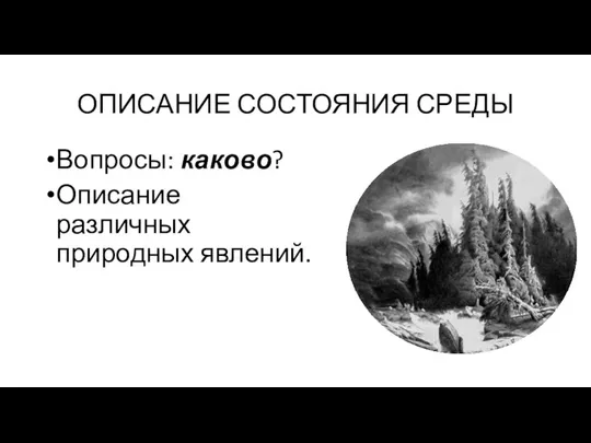 ОПИСАНИЕ СОСТОЯНИЯ СРЕДЫ Вопросы: каково? Описание различных природных явлений.