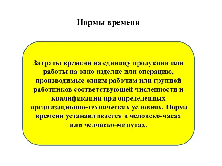 Нормы времени Затраты времени на единицу продукции или работы на одно