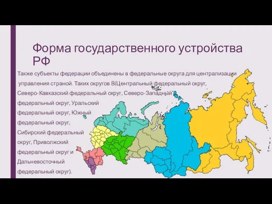 Форма государственного устройства РФ Также субъекты федерации объединены в федеральные округа