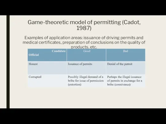 Game-theoretic model of permitting (Cadot, 1987) Examples of application areas: issuance