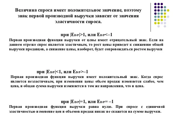 Величина спроса имеет положительное значение, поэтому знак первой производной выручки зависит