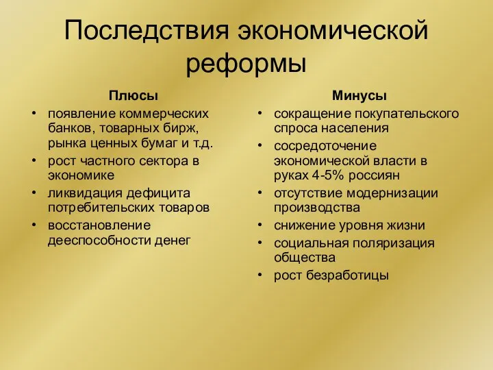 Последствия экономической реформы Плюсы появление коммерческих банков, товарных бирж, рынка ценных