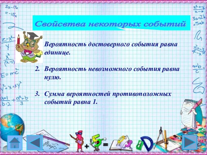 Свойсвтва некоторых событий Вероятность достоверного события равна единице. Вероятность невозможного события